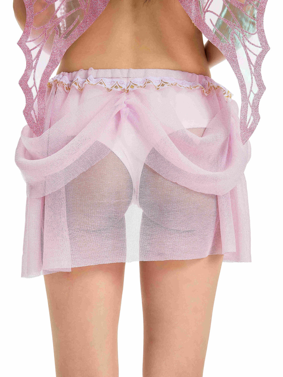 Model wears GOSSAMER- FULL SET- PINK, featuring a sheer pink skirt with visible white underwear, butterfly rave style, photographed from behind on a white background.