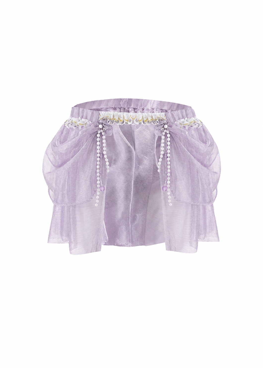 The Gossamer-Purple-Skirt features a sheer lilac design with gathered layers and pearl chain detailing, making it an ideal choice for festival or rave outfits—shown here against a plain white background.