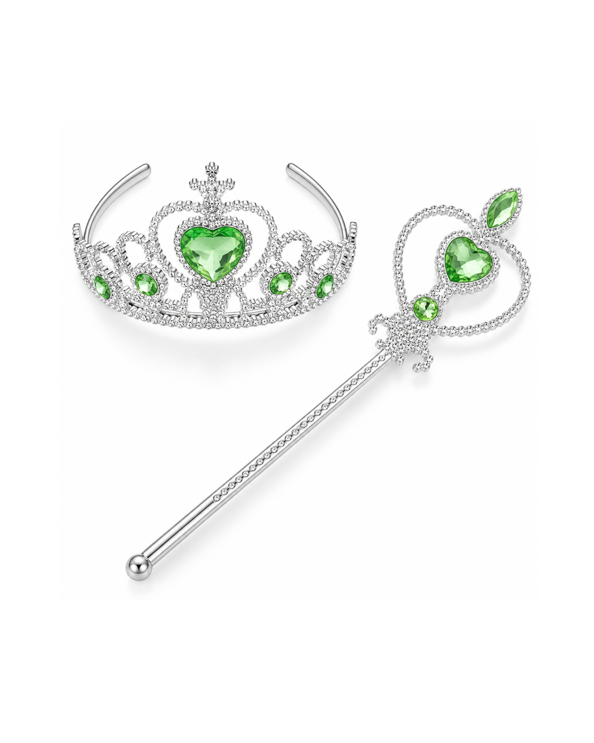 The Princess 2 Pieces Set-Green features a silver tiara and matching scepter adorned with green heart-shaped and oval gemstones, elegantly displayed on a white background—an ideal princess accessory set for festival costume accessories.