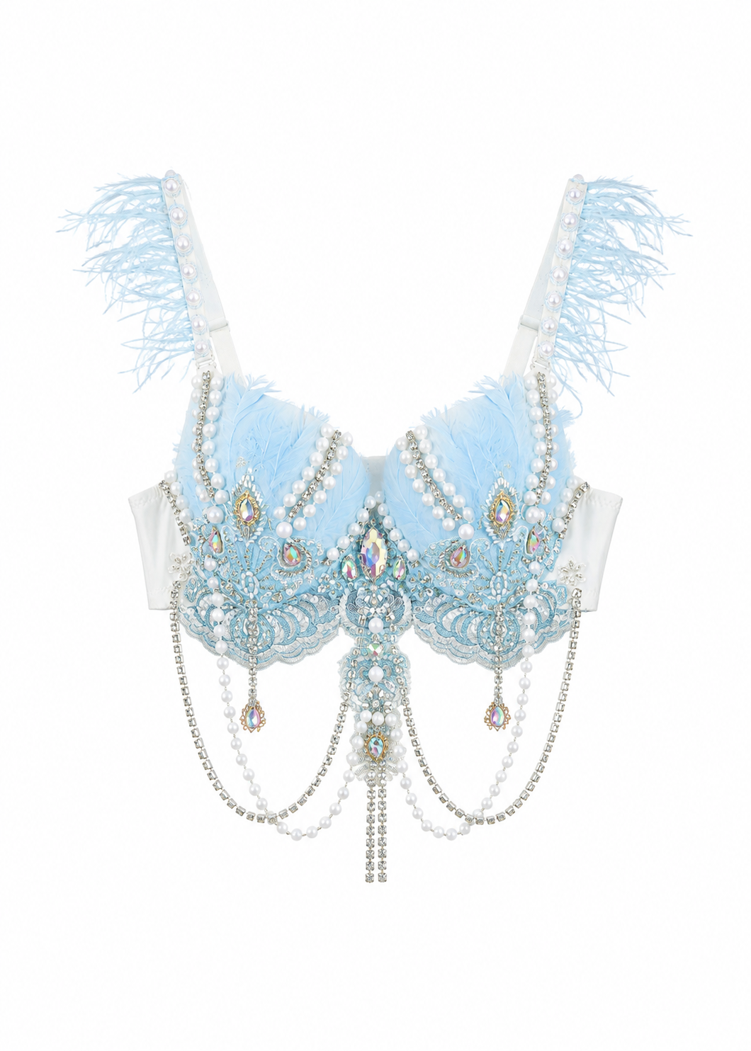 The Haló-Full Set- Blue features a light blue bra embellished with pearls, crystals, lace, and feather details on the straps, showcased against a white background.
