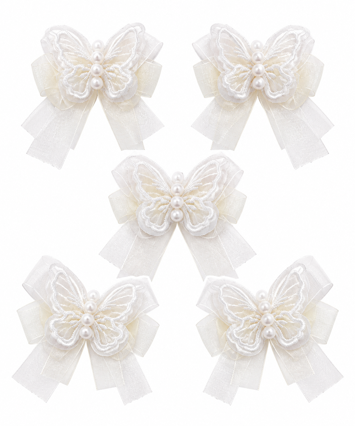 Introducing the Lace Butterfly Hair Clips- 5Pcs: five white decorative hair clips featuring lace butterfly designs with pearl accents, beautifully arranged on a white background—perfect for adding a whimsical touch as festival hair accessories or charming butterfly hair clips.
