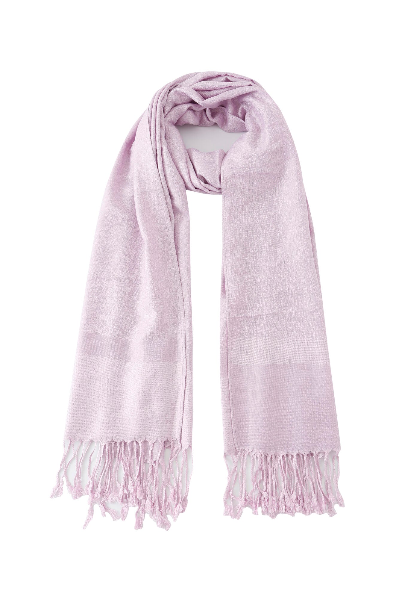 The Pashmina - Lavender Solid Fringe is a light purple scarf with a subtle woven pattern, looped at the centre and finished with fringe trim at both ends.