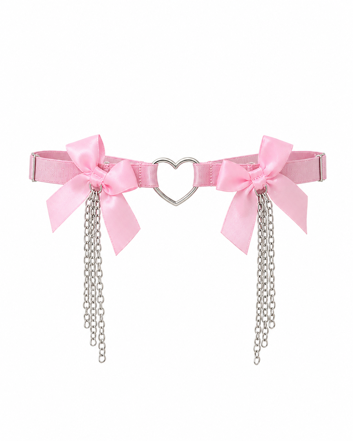 Sure! Here’s a rewritten version using the given product name: The Mini Bowties Leg Wrap- Pink features a playful design with a silver heart centerpiece, two pink bows on each side, and silver chain tassels hanging from each bow—an eye-catching festival accessory that adds whimsical charm to your look.