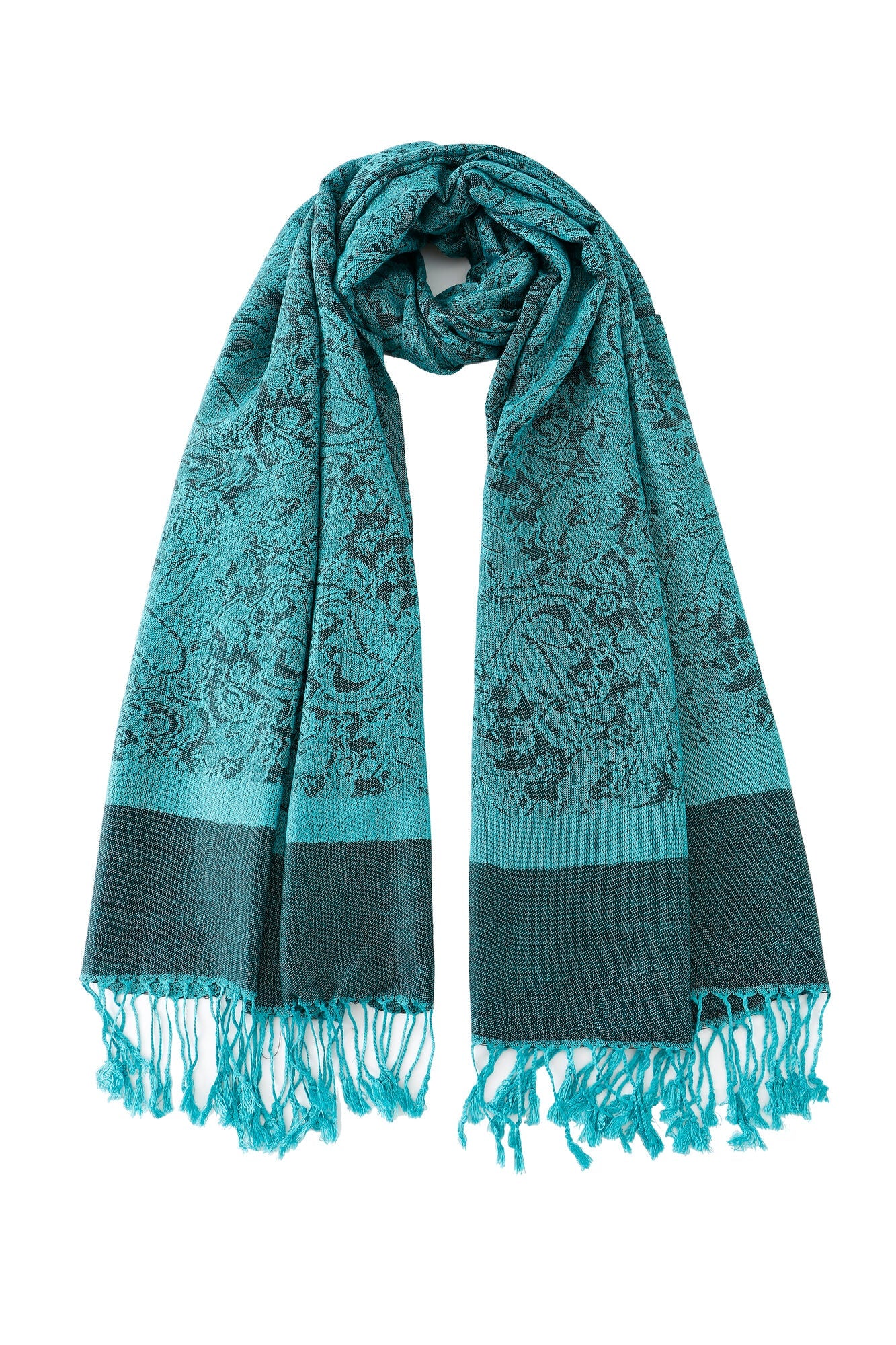 Pashmina - Peacock Paisley Fringe scarf featuring a peacock paisley design, wide solid border, and fringe tassels at both ends, displayed against a white background.