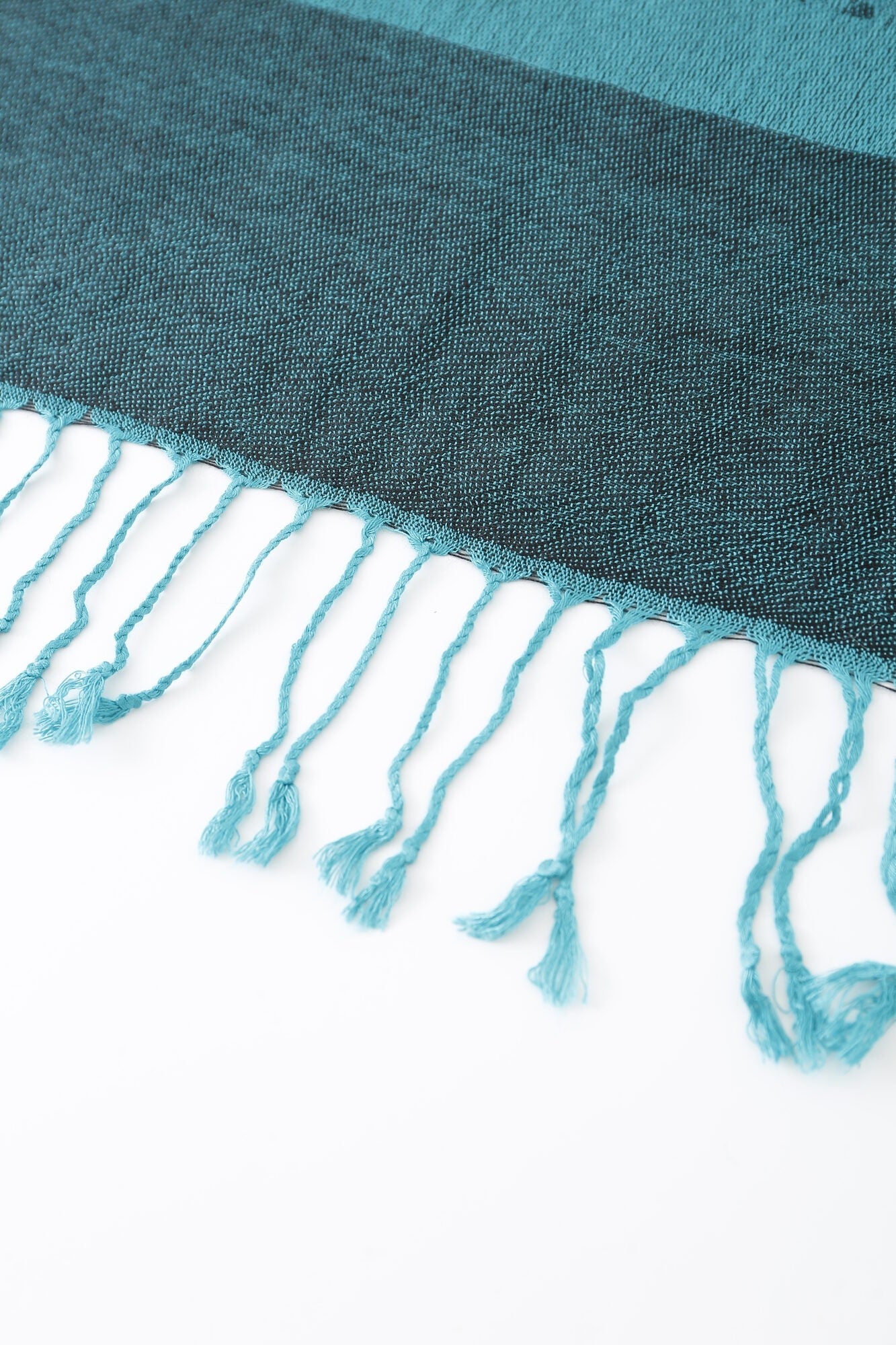 Close-up of the Pashmina - Peacock Paisley Fringe, showcasing its blue and black striped woven edge with twisted fringe tassels on a white background.