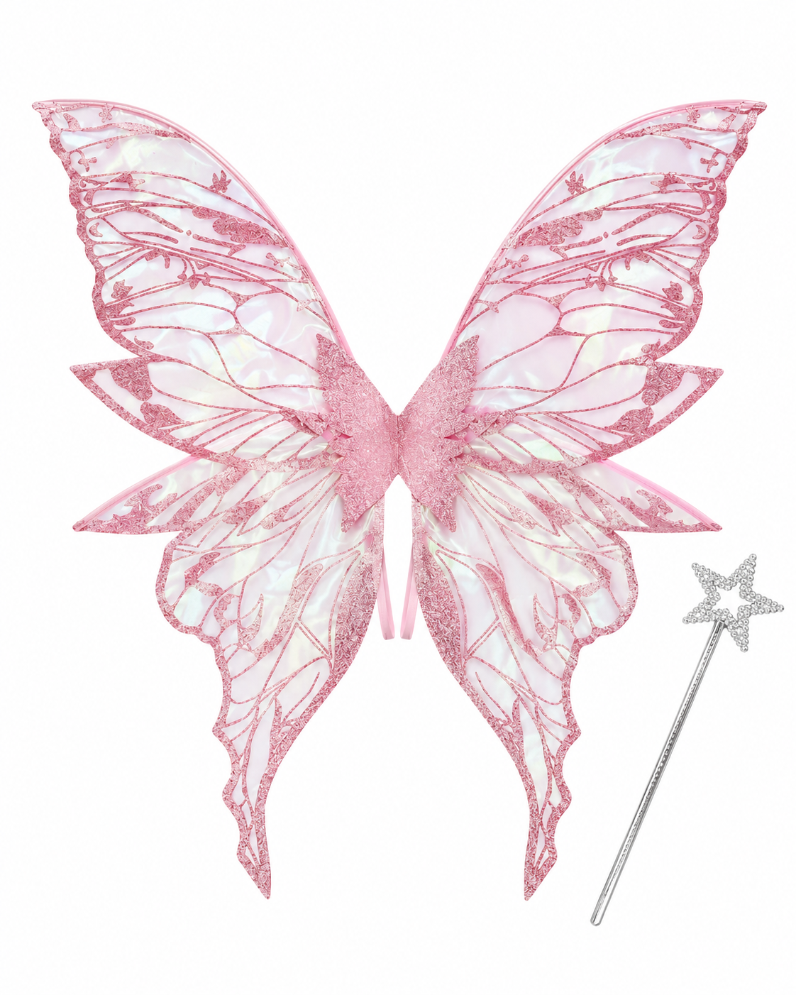 The Pink Fairy Wings, featuring glittery accents and paired with a silver star-tipped magic wand, create a whimsical festival costume on a white background.