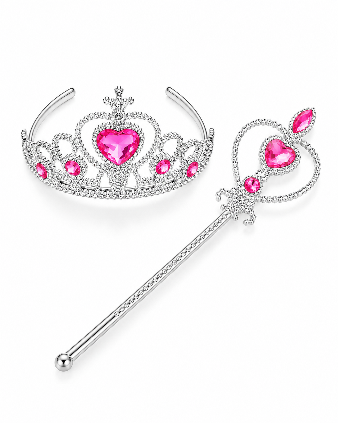 The Princess 2 Pieces Set – Pink features a silver tiara and wand adorned with pink heart-shaped gemstones and smaller oval pink stones, displayed on a white background—an enchanting accessory set ideal for any costume party.