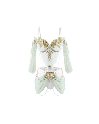 REVERIE - Full Set - Aqua: pale green and white festival outfit with gold accents, jeweled details, off-shoulder sleeves, and draped fabric on white background.