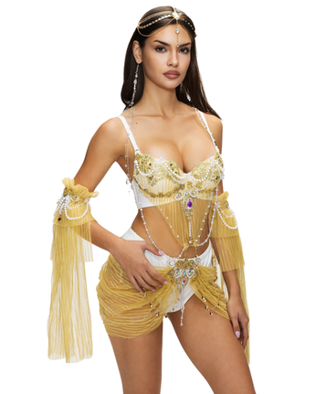 Woman wearing REVERIE - Full Set - Gold, a handmade four-piece embellished festival outfit with pearls, pleated fabric, and jeweled accessories against a white background.