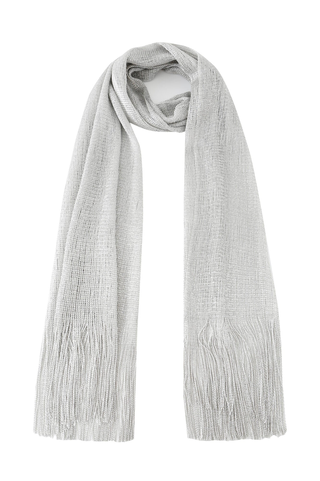 The Pashmina - Silver Sheer Fringe scarf, featuring a light gray woven design with fringed ends, is laid flat on a white background.