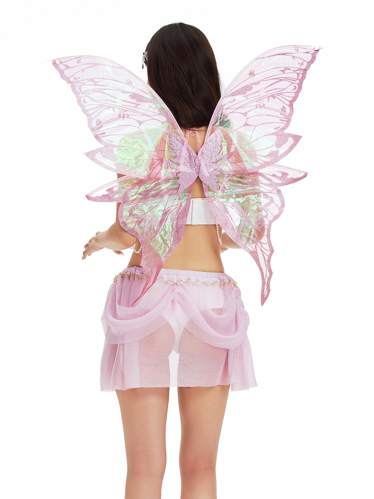 Model wears Pink Fairy Wings paired with a sheer pink skirt and white top, shown from the back against a white background.