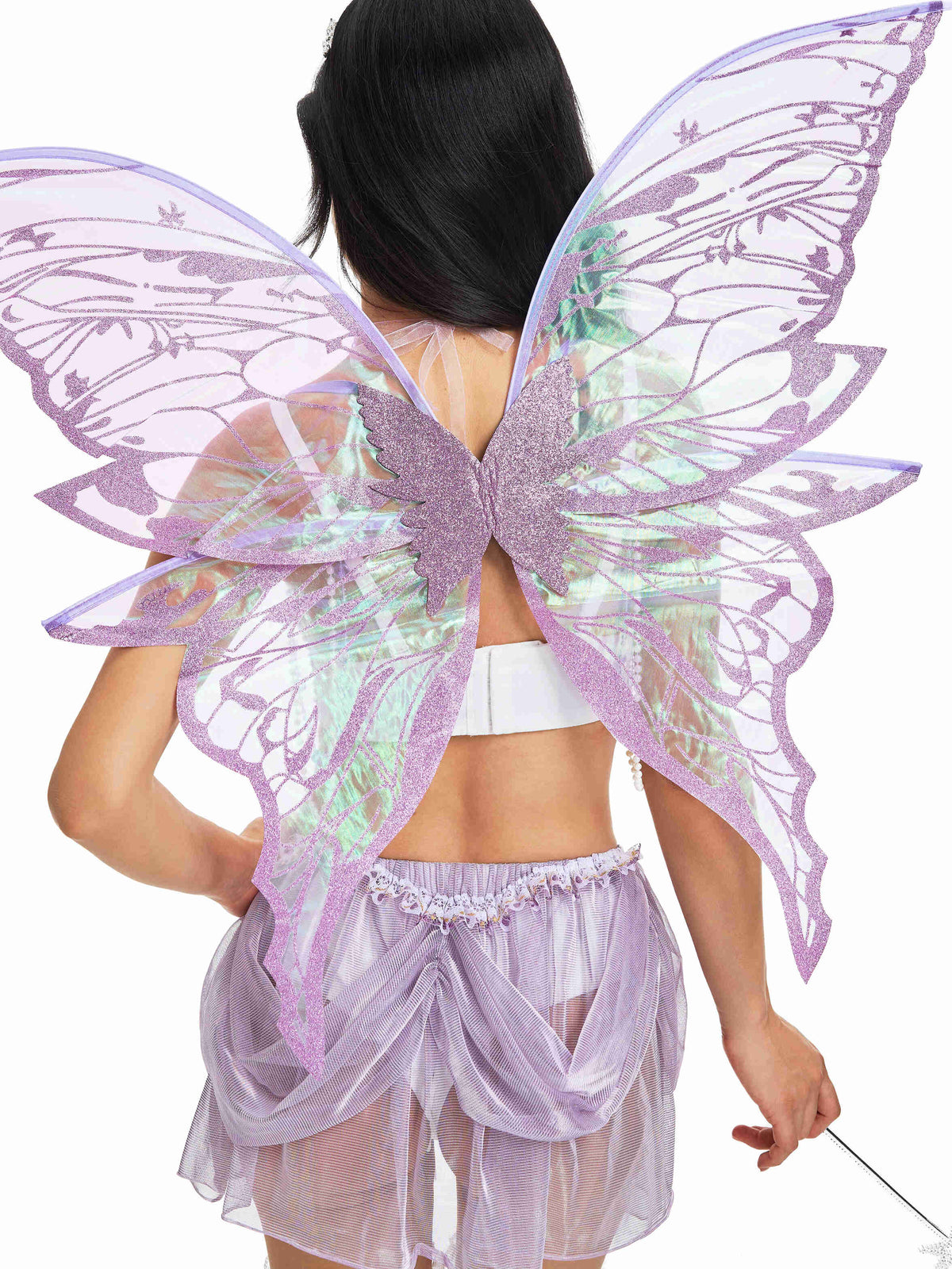 Wearing The Fae - Gossamer Purple, this person is seen from behind against a white background, showcasing large purple fairy wings and a sheer purple skirt, their enchanting costume completed with a delicate rhinestone headpiece.