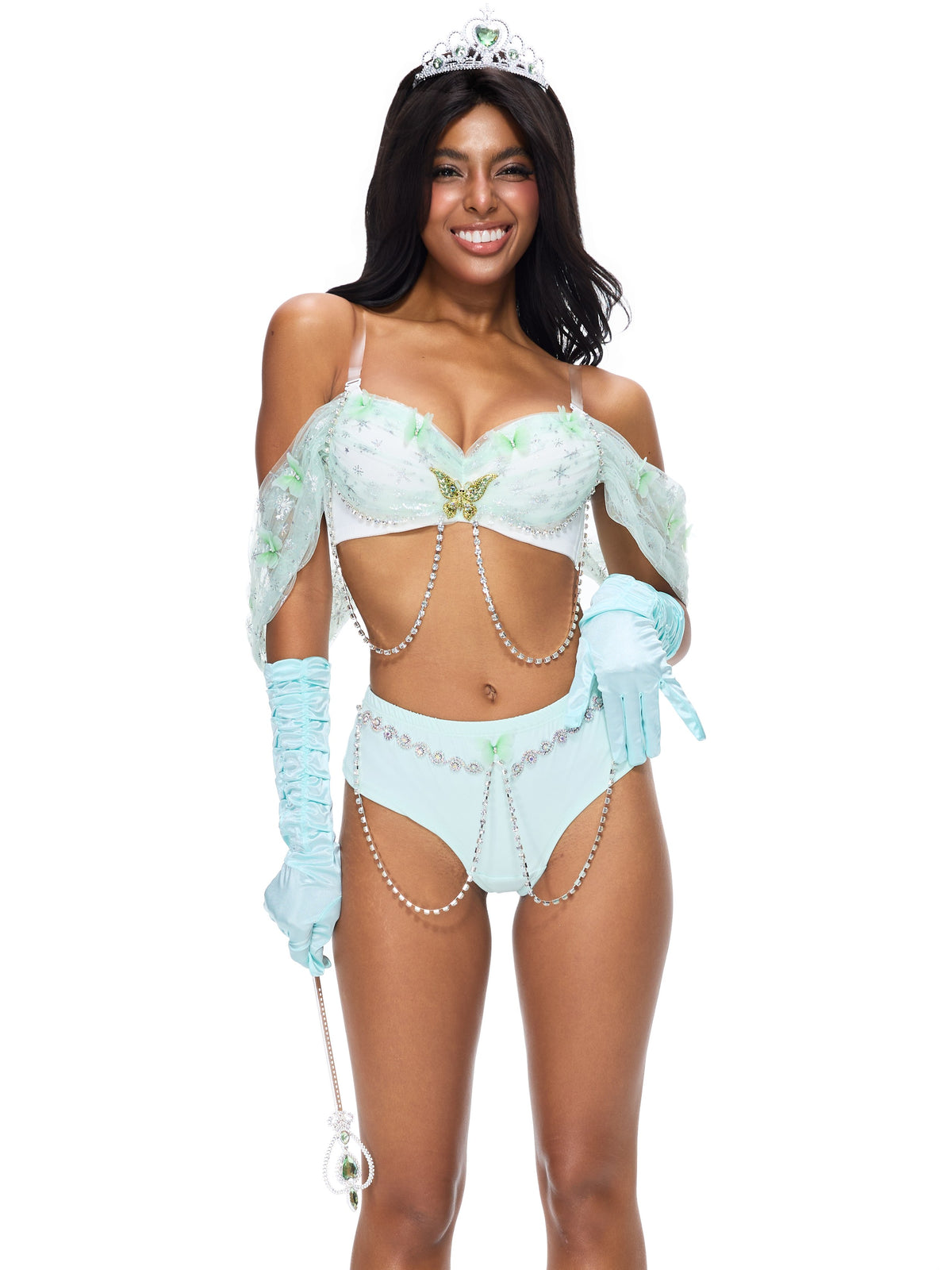 Woman wearing a light blue princess-inspired costume with satin green elbow-length Princess Gloves, a tiara, and pearl decorations, holding a wand, standing and smiling against a white background.