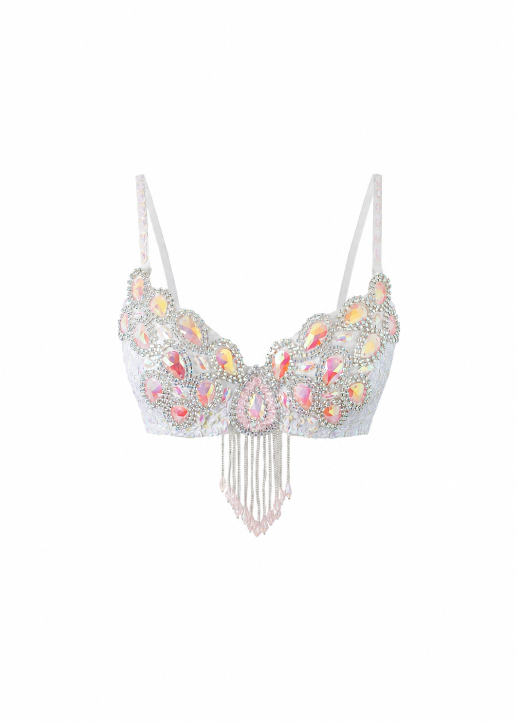 Vixen-White-Top featuring iridescent jewel embellishments and beaded fringe, perfect for festival wear or as a standout addition to your rave outfit, showcased against a plain white background.