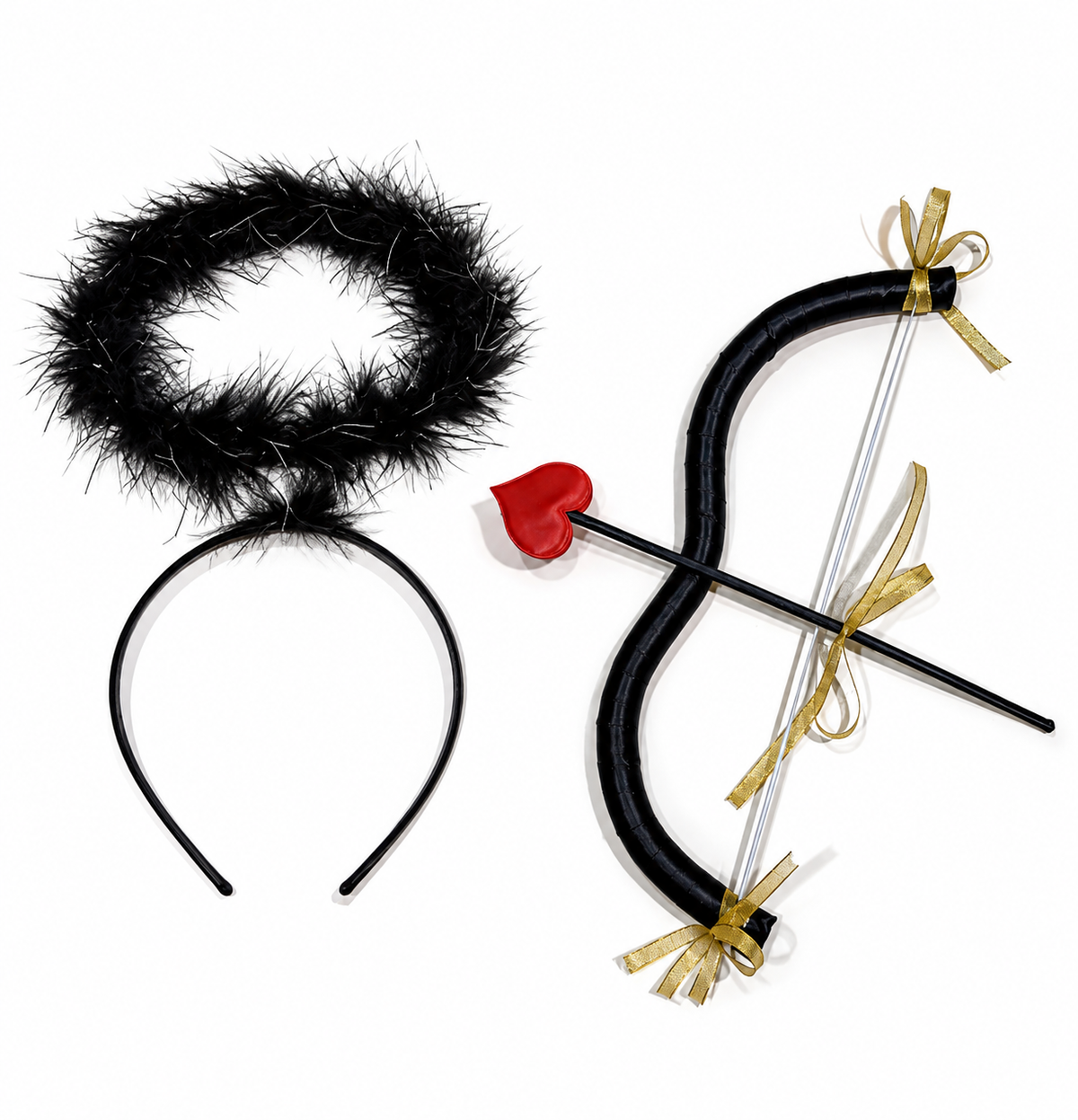 The Black Cupid Set – 2 Pcs includes a black fuzzy halo headpiece and a black bow with a cupid arrow topped with a red heart, both adorned with gold ribbons and displayed on a white background.