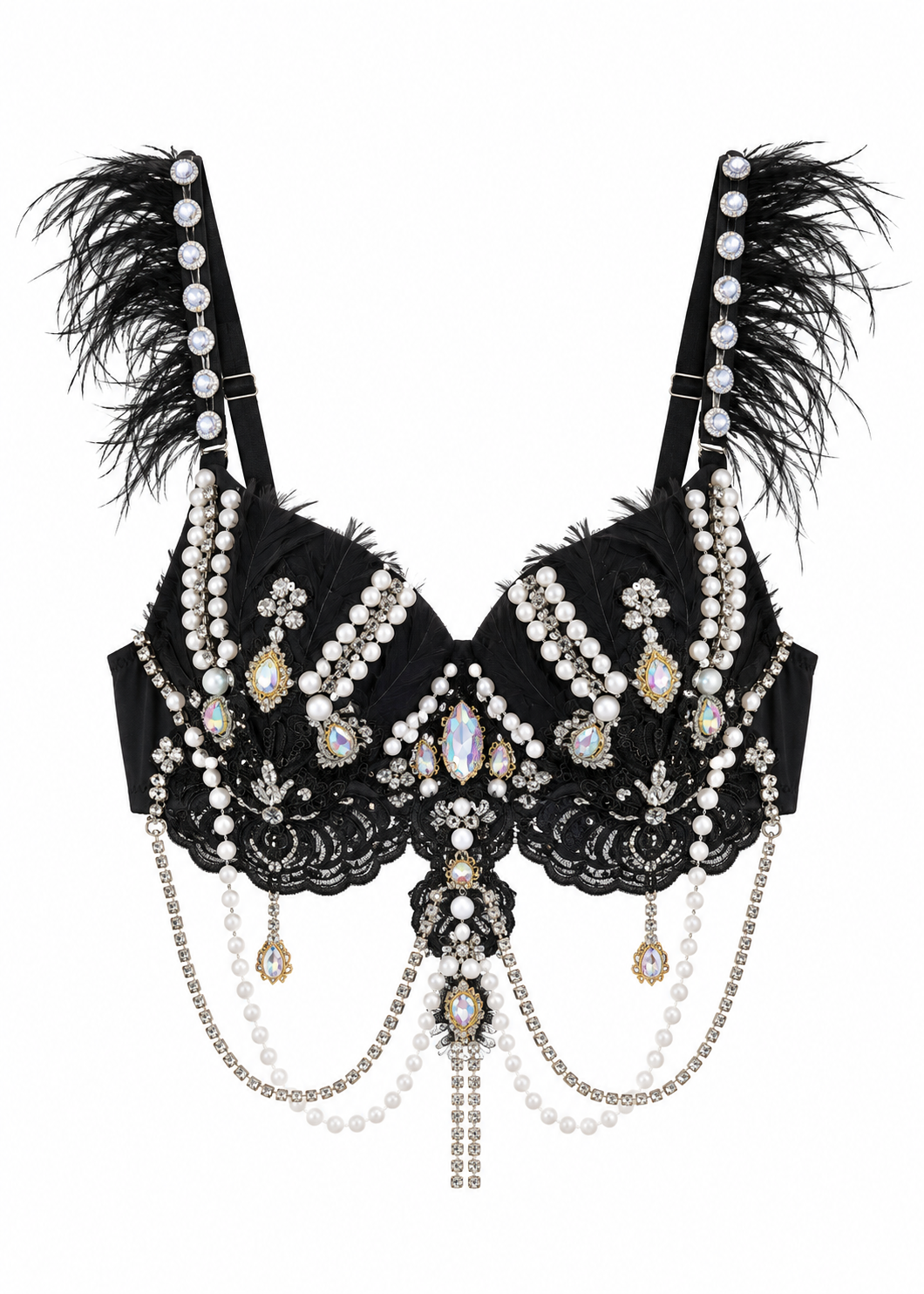 Handcrafted rave wear meets elegant design in the Haló- Black- Top, a black festival bra top adorned with pearls, gemstones, lace, chains, and striking black feather accents on the straps—all set against a white background.