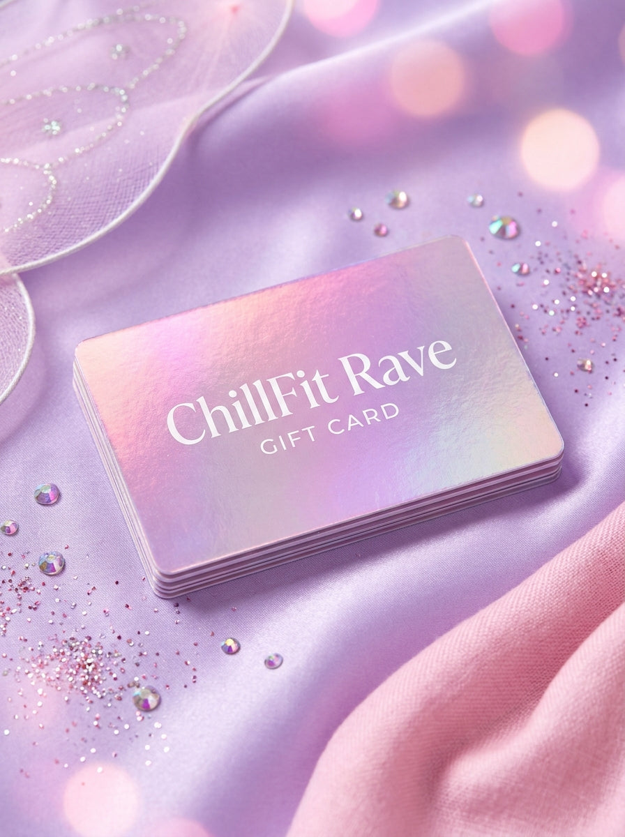 ChillFit Rave holographic gift card on lavender satin with rhinestones and glitter
