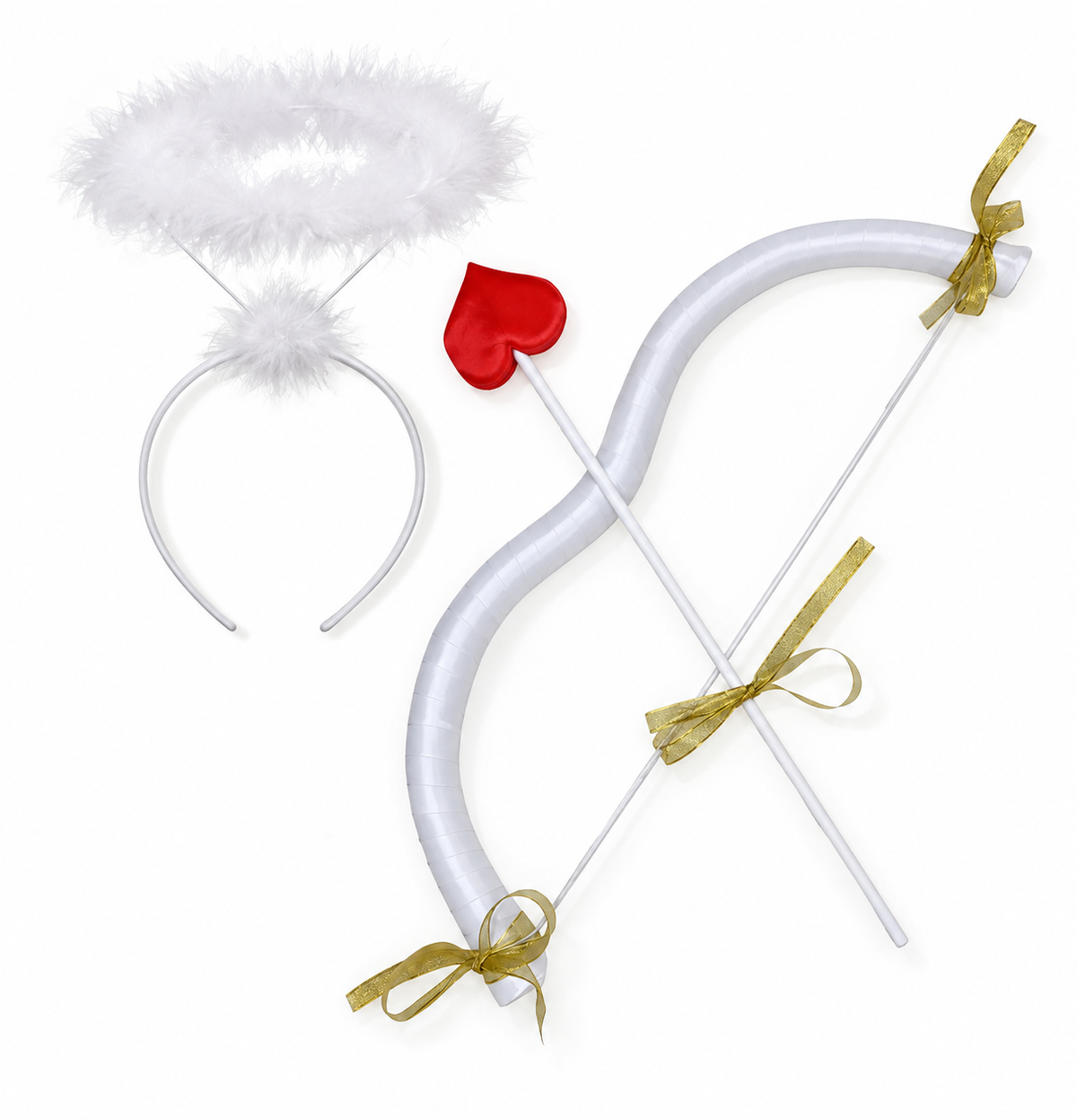 The White Cupid Set-2Pcs, featuring a white feather halo headband and a matching arrow with a red heart tip, is arranged on a white background—making it the perfect choice for angel costume accessories.