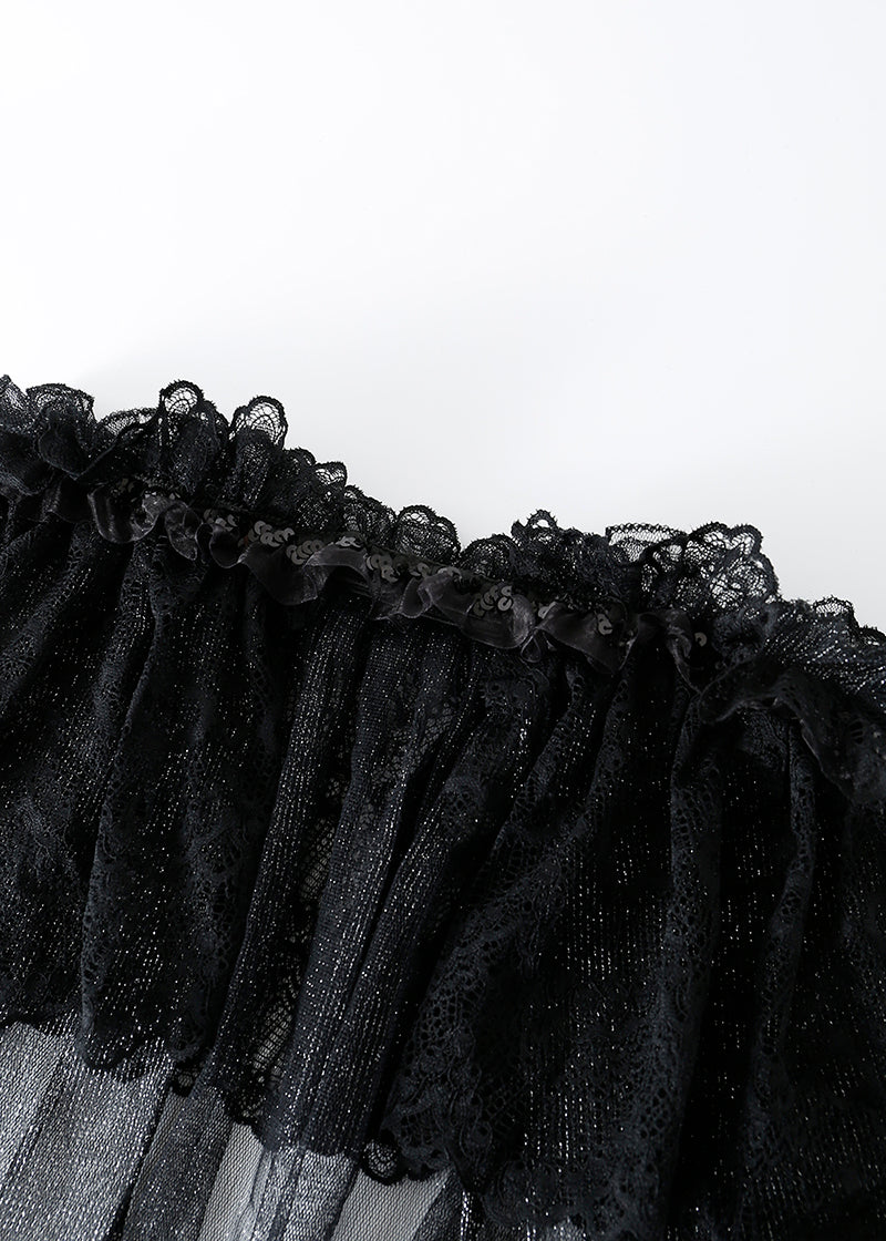 ECLIPSE - Full Set features black lace fabric with a ruffled, gathered edge against a white background—ideal for crafting an embellished bra top or creating standout celestial festival outfits.
