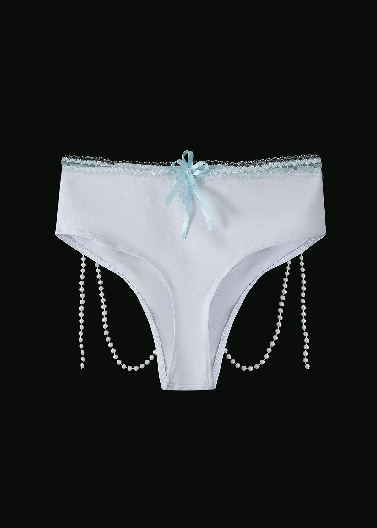 The Eira - Full Set - Blue features white women's panties with a light blue ribbon bow, lace-trimmed waistband, and pearl bead side chains—ideal for handcrafted rave outfits, shown on a black background.