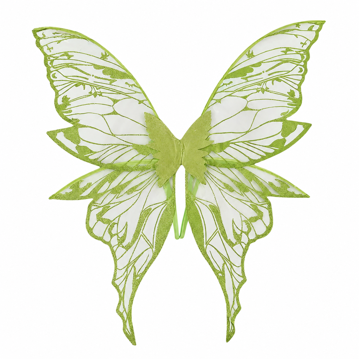 A pair of Green Fairy Wings featuring translucent material with green trim and a symmetrical, delicate vein pattern on a white background.