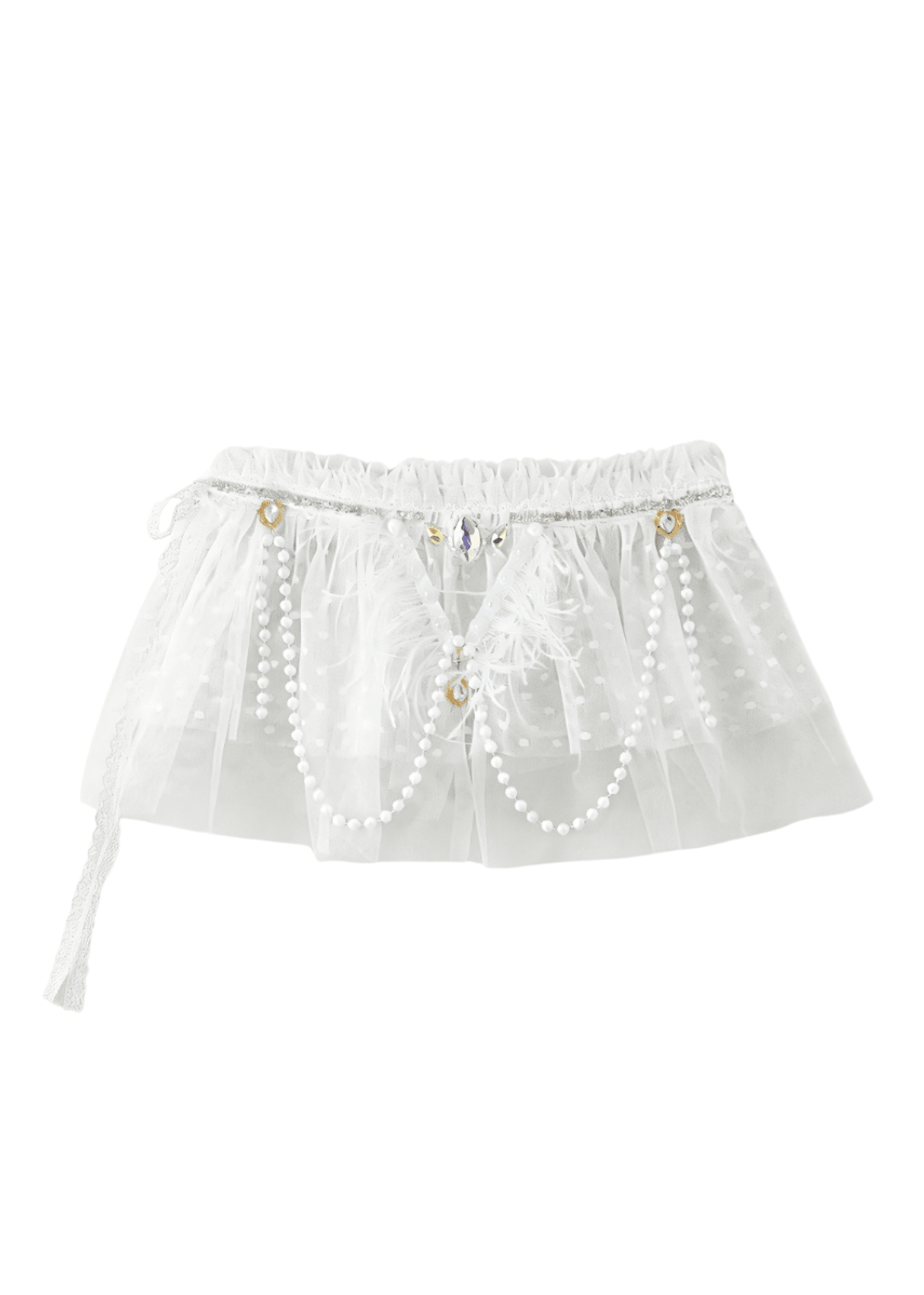 The Haló - White - Skirt is a sheer tulle mini skirt with decorative pearls, gold accents, a rhinestone detail, and a drawstring on one side for adjustable fit—ideal for pairing with a lace bodysuit at your next festival.