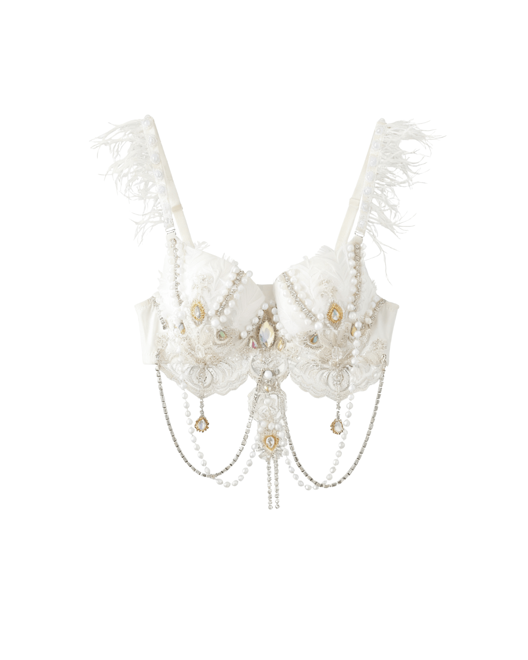 Haló - White - Top: A white bra adorned with lace, hand-sewn pearls, gemstones, feather-accented straps, and hanging chains, displayed on a plain white background.