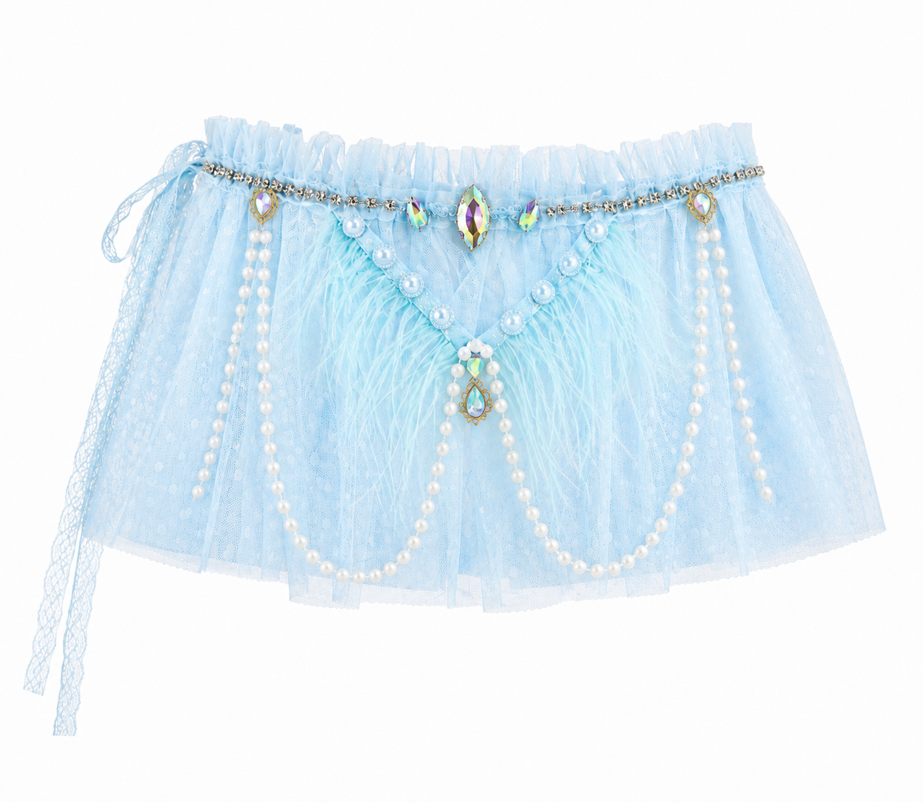 The Haló-Blue-Skirt is a light blue tutu skirt adorned with rhinestones, pearls, and lace decorations. Featuring feather accents and a beaded waistband, this celestial piece is perfect for festival wear and is showcased against a white background.