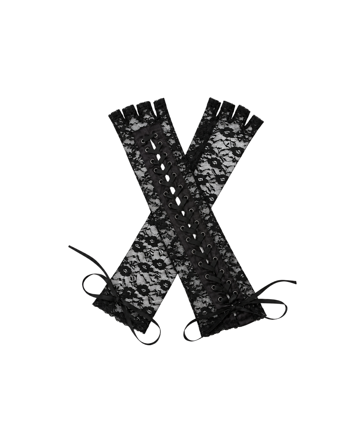 Lace Gloves- Black, featuring ribbon lacing and scalloped edges, are shown crossed on a white background.