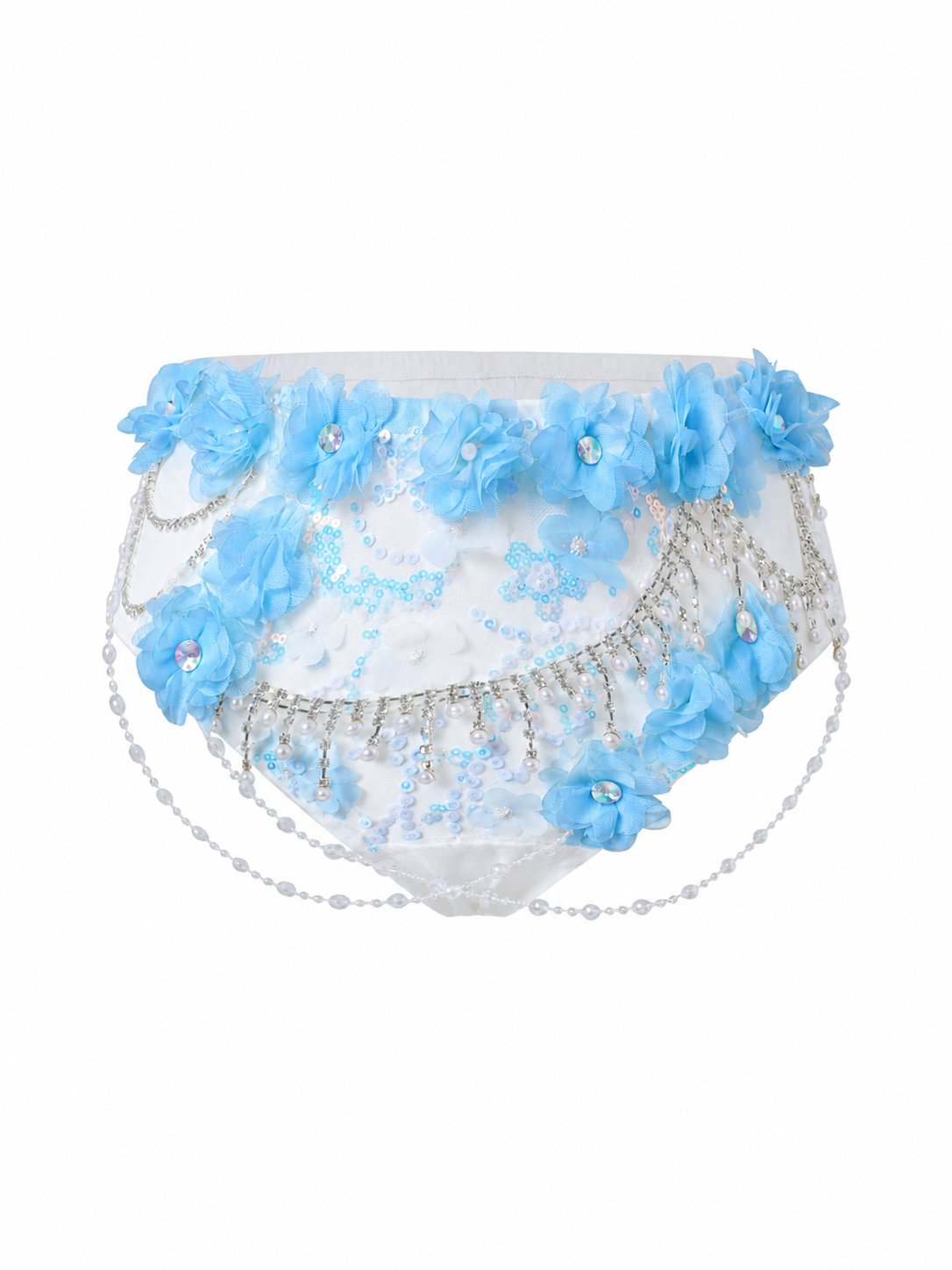The Lavendelle-Blue-Bottom features sheer white floral mesh, blue fabric flowers, sequin accents, and draping strands of beads and rhinestones—a handmade sequin bottom perfect for standout rave or festival wear.