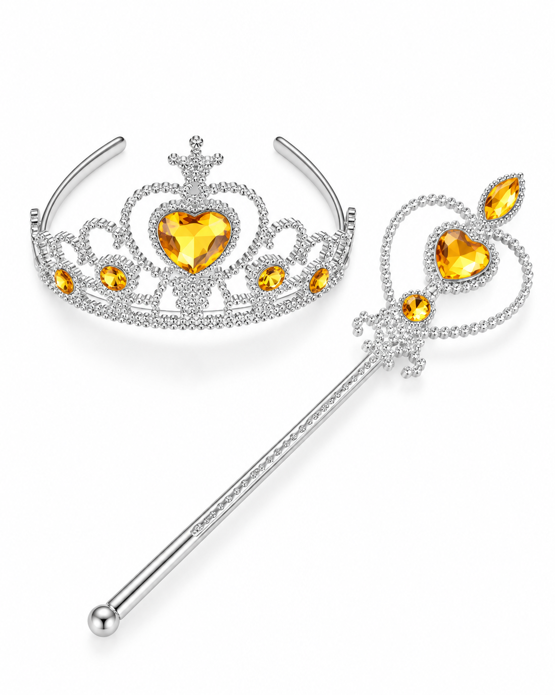 The Princess 2 Pieces Set- Yellow features a silver tiara and matching wand adorned with yellow heart-shaped and round gemstones, displayed on a white background—an ideal princess accessory set for any festival costume accessories collection.
