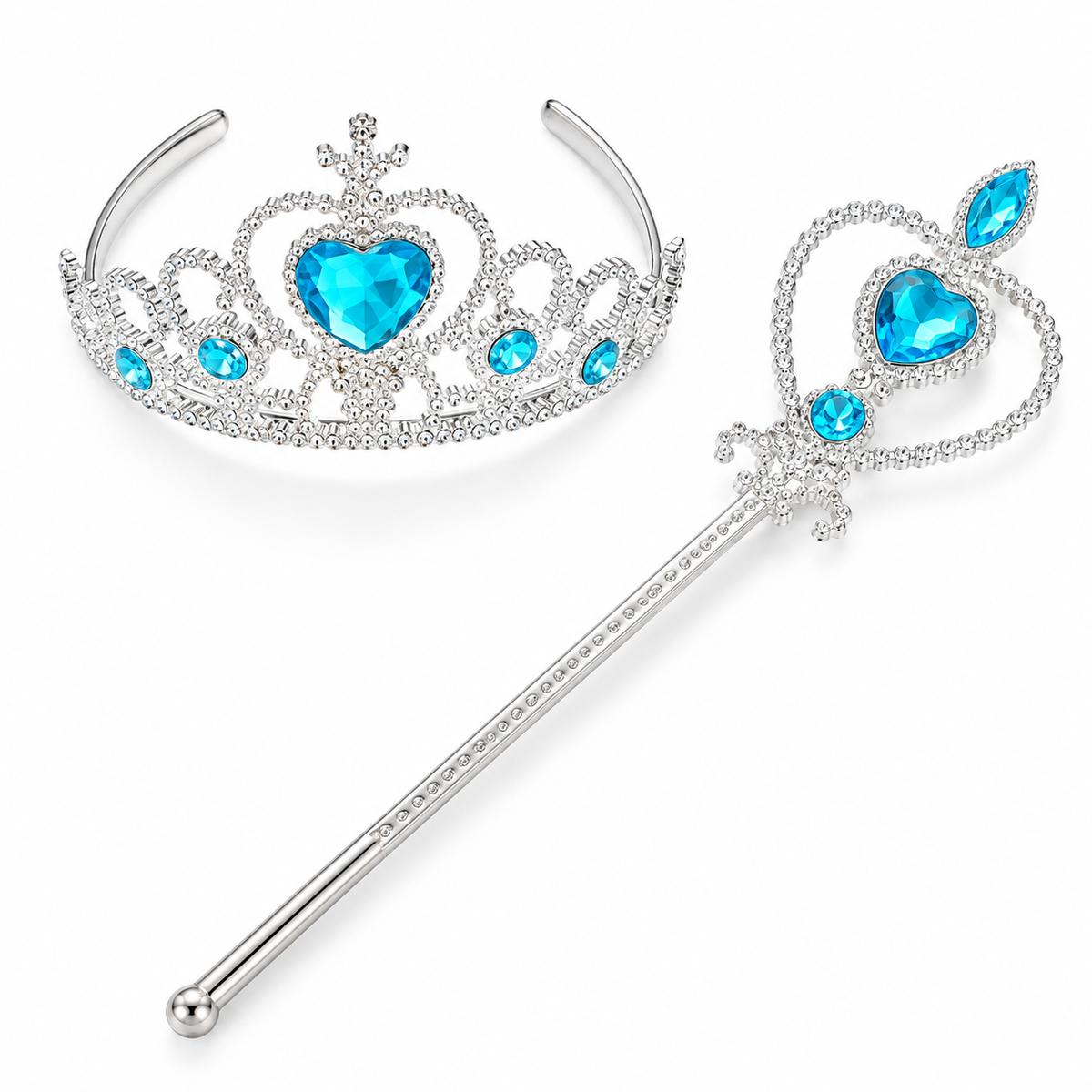 Princess 2 Pieces Set- Blue: A silver tiara and scepter adorned with blue heart-shaped gemstones and sparkling clear rhinestones, displayed on a white background—an elegant accessory set perfect for festival costume celebrations.