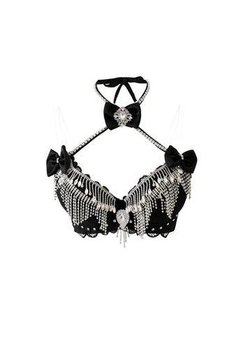 The Swan-Black-Top is a black lace festival bra top featuring silver rhinestone chains, bows, and jeweled accents, shown on a white background.