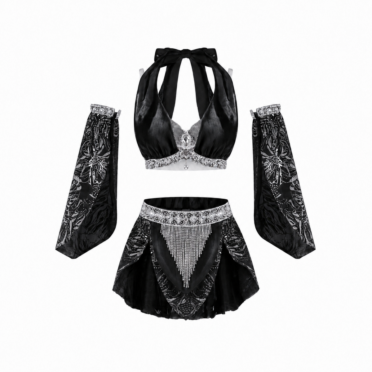Selene-Full Set Black: A black and silver two-piece festival outfit with a halter top, detached sleeves, and a short skirt adorned with intricate patterns and sparkling rhinestone embellishments, displayed on a white background.