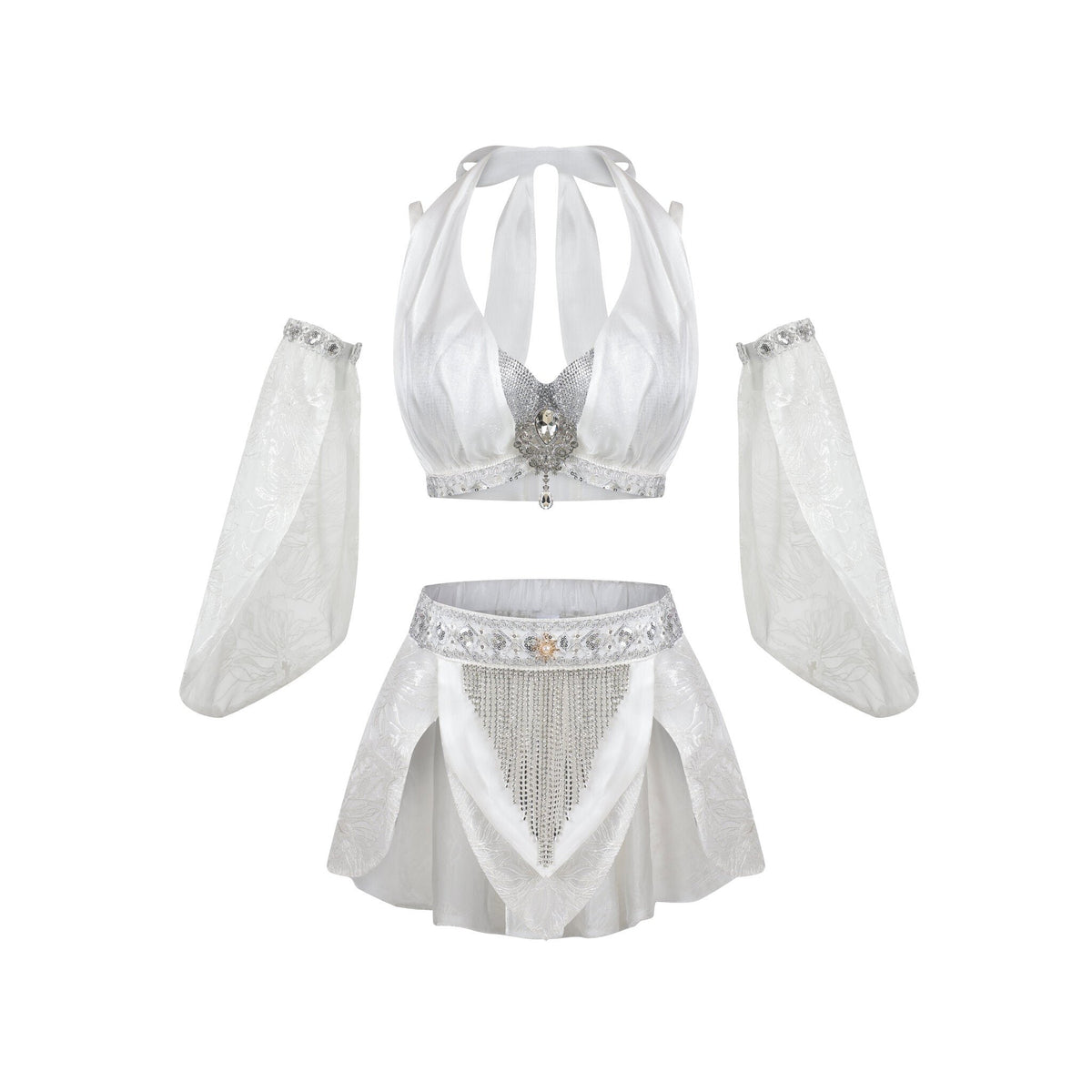 Selene-Full Set- White: A two-piece festival outfit including a white and silver halter top, sheer arm sleeves, and a short skirt adorned with rhinestone and sequin embellishments.