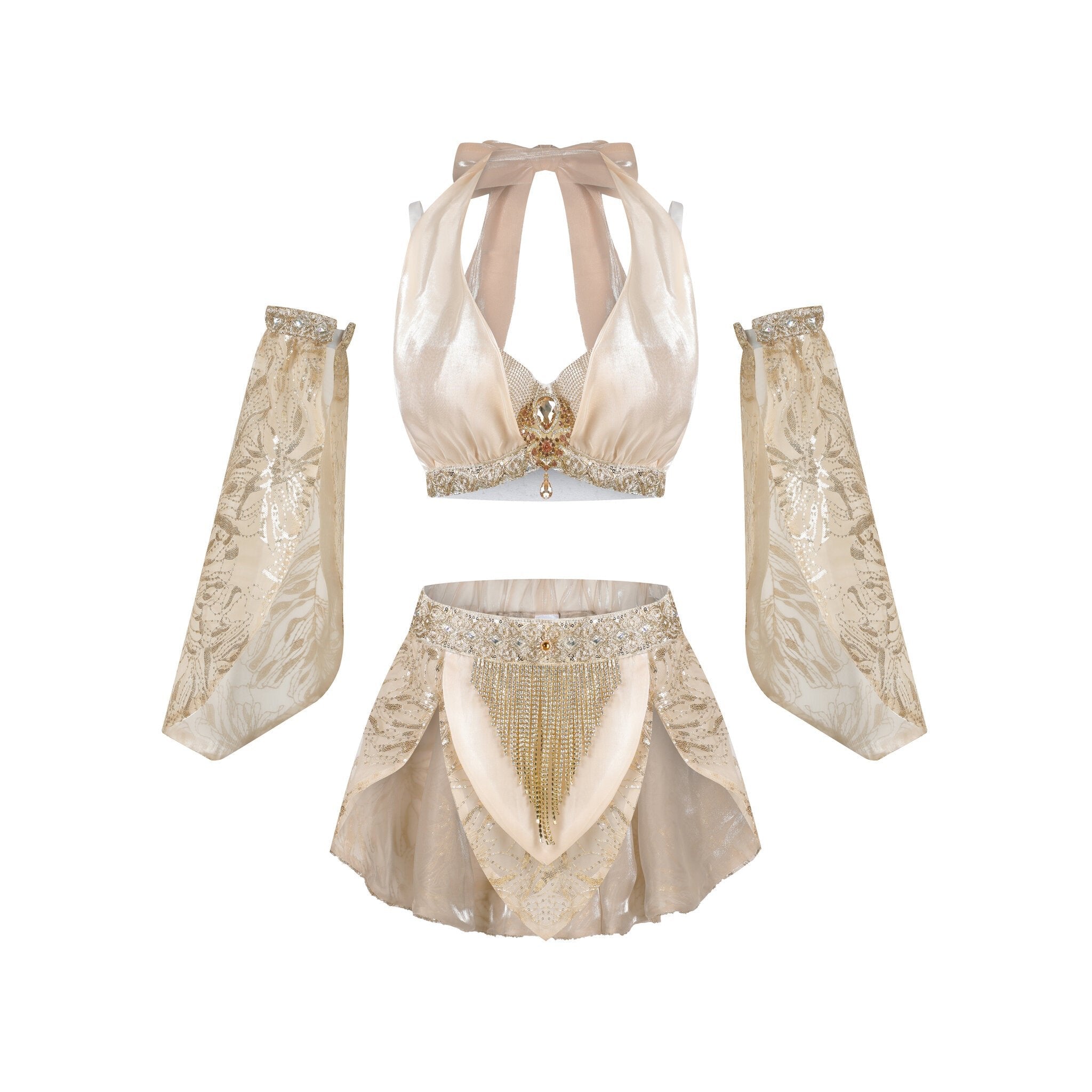 Selene-Full Set-Gold: A beige and gold dance costume featuring a halter top, arm sleeves, and a flared skirt adorned with sequins, beadwork, floral patterns, and stunning rhinestone fringe set details—an ideal outfit for festivals.