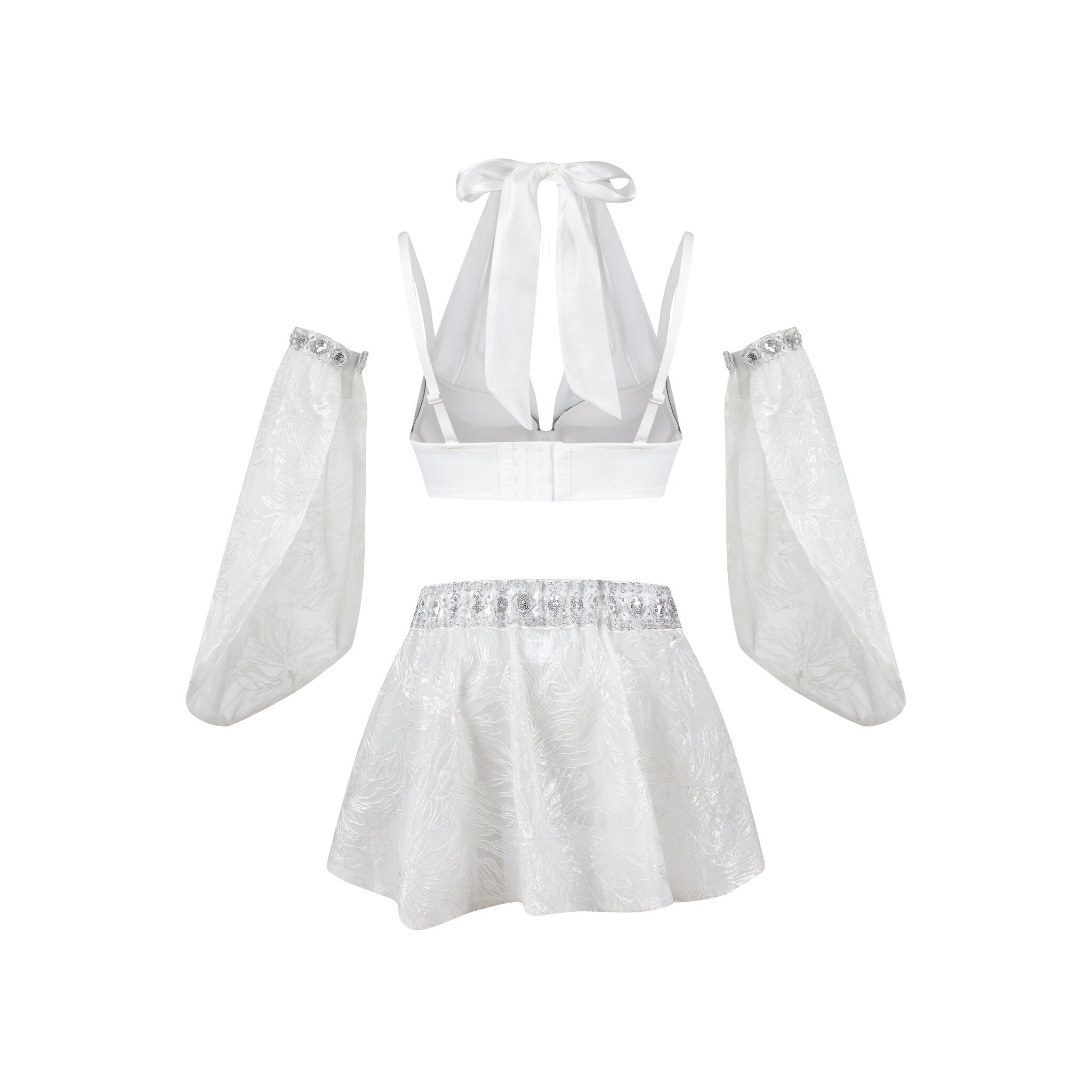 The Selene-Full Set- White is a stunning white festival outfit boasting a two-piece design, with a halter crop top featuring a tie-back and sheer, detached sleeves. It comes paired with a high-waisted, short flared skirt adorned in silver embellishments and finished with delicate rhinestone fringe for an extra touch of sparkle.